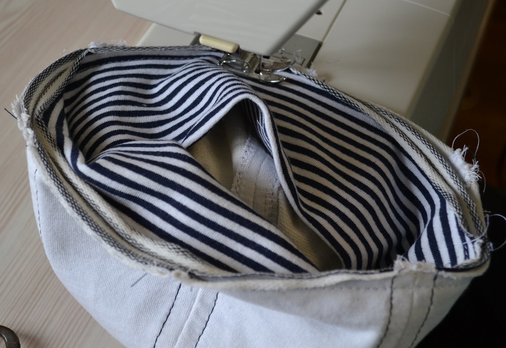 Sewing striped band around bottom of hat